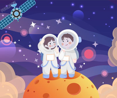 文艺风格的在太空上的两个小孩素材