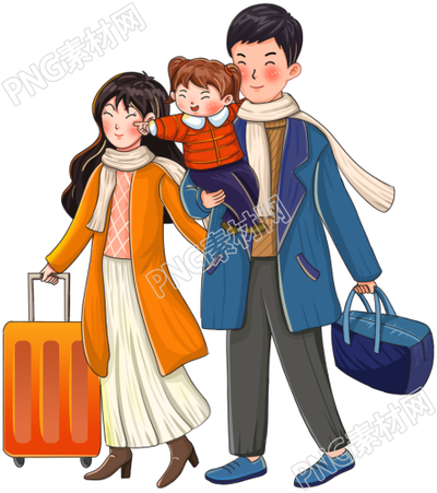 手绘一家三口出门旅行