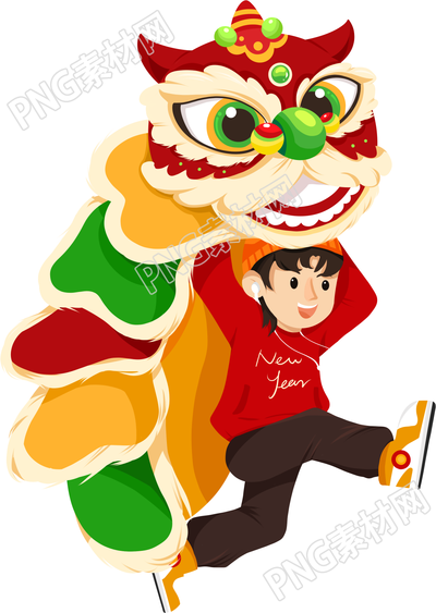 手绘传统习俗舞狮男生素材