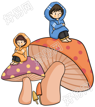 卡通手绘坐在蘑菇上的小孩素材