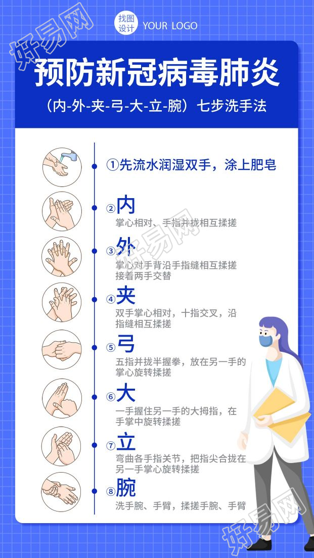 七步洗手法预防新冠病毒肺炎宣传手机海报