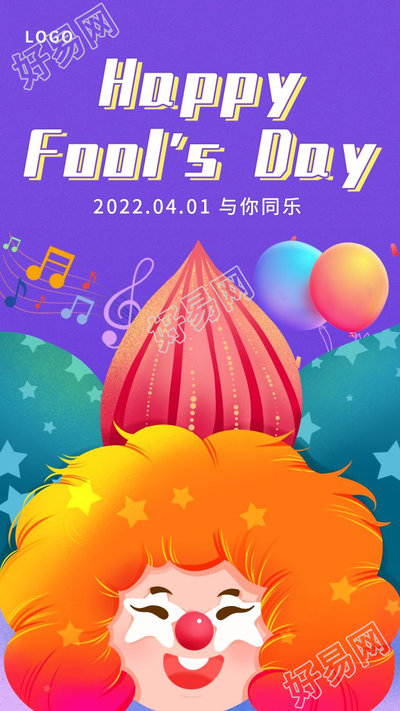 手绘愚人节小丑音符庆祝图片手机海报
