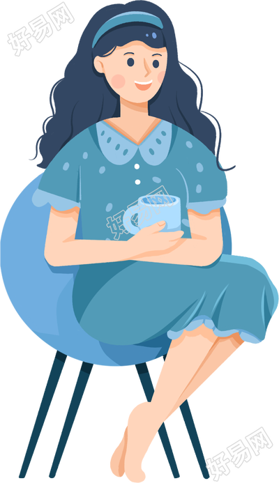 手绘坐着的蓝色衣服女生人物素材