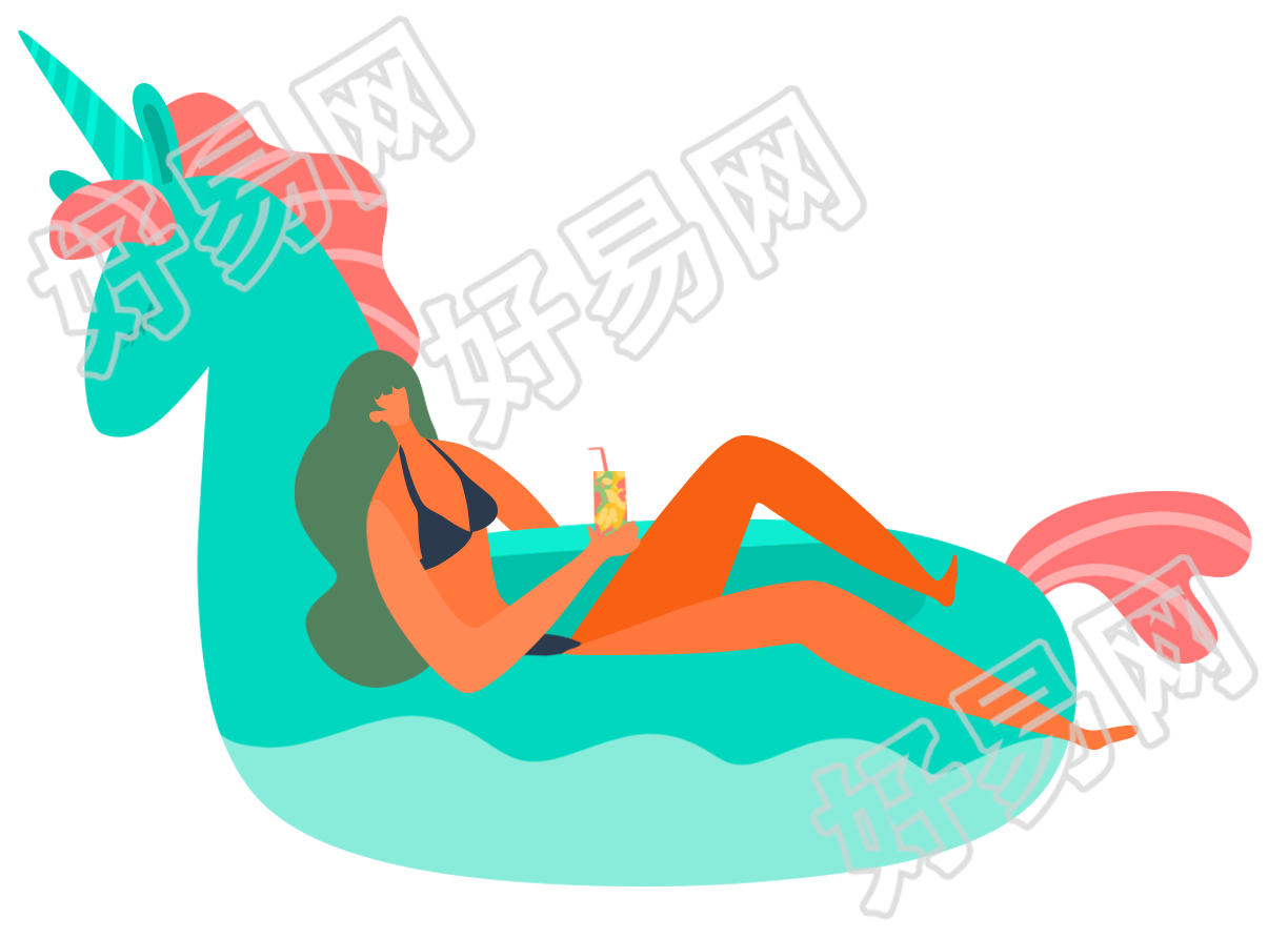 手绘夏日清凉坐在游泳圈上的女人图片素材