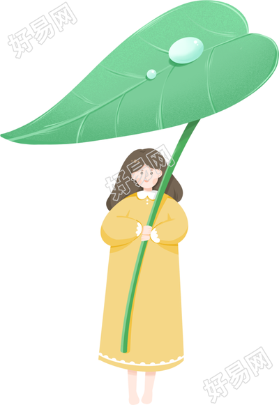 手绘撑着叶子的女孩图片素材
