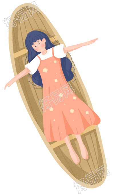 手绘在船上的女孩人物素材