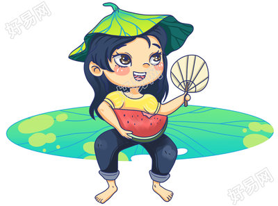 坐在荷叶上吃西瓜的小孩图片素材