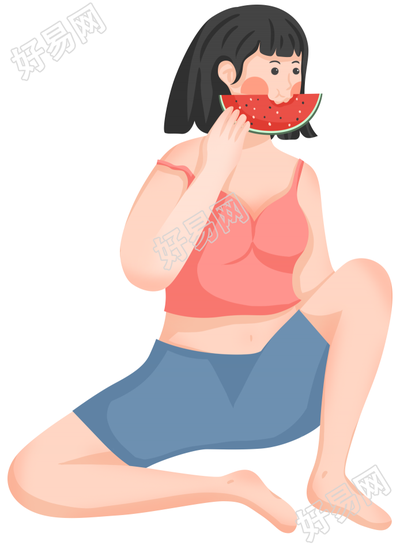 手绘女孩吃西瓜图片