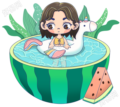 可爱的西瓜泳池女孩渡假图片素材