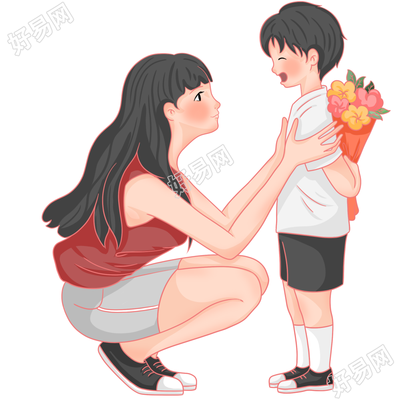 手绘可爱孩子送花给妈妈人物免抠图片素材