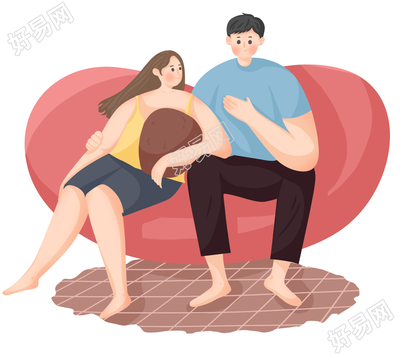 手绘坐在沙发上的情侣人物图片素材