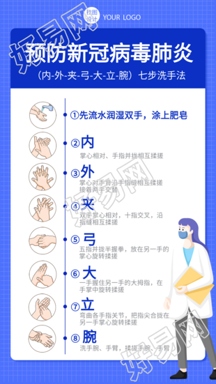 预防新冠病毒肺炎七步洗手法时间轴宣传手机海报