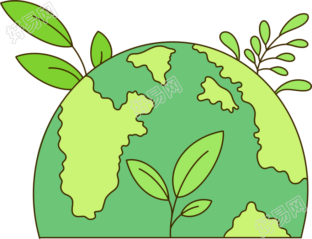 手绘绿色地球和树叶生态环保插画