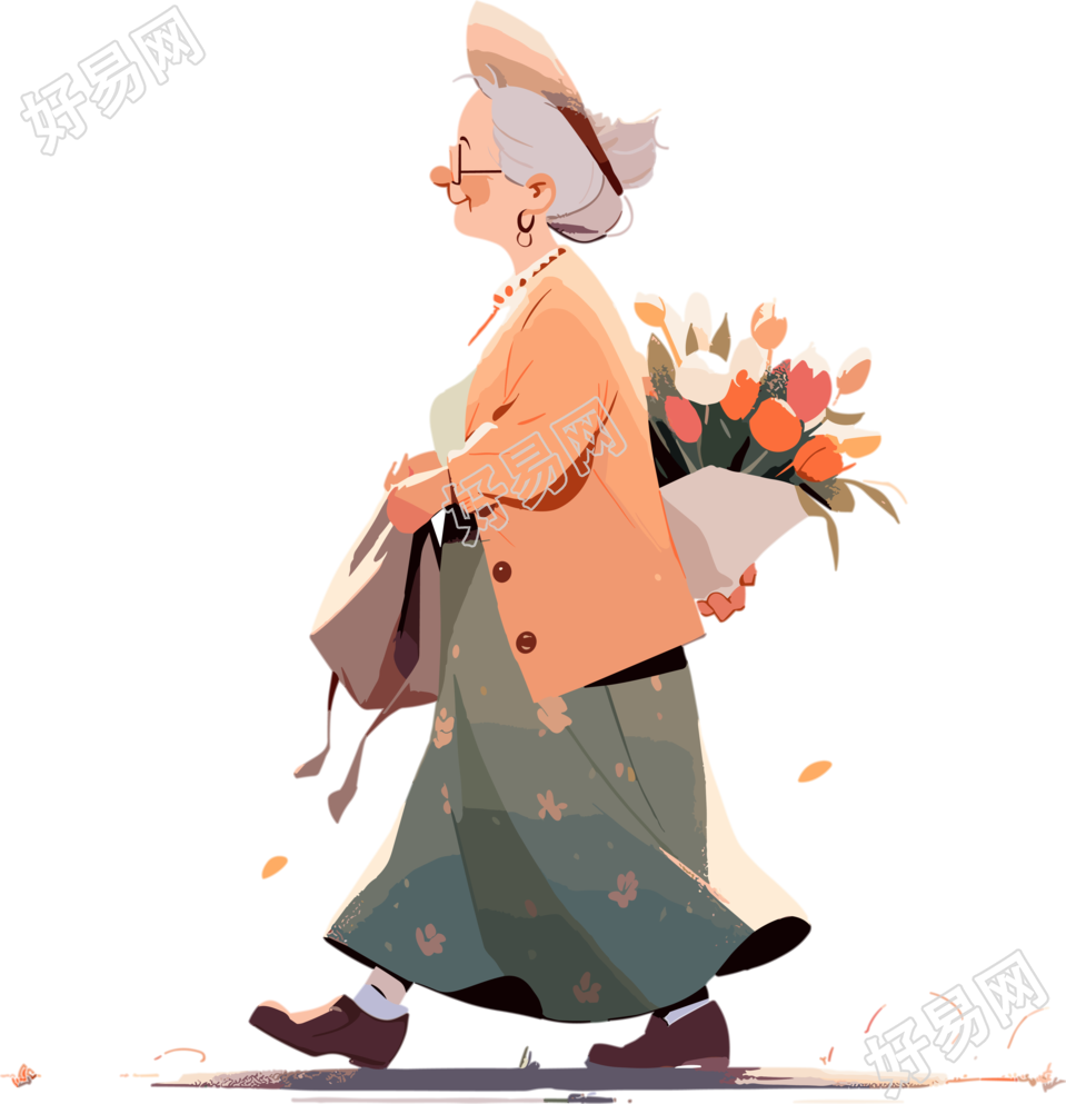 可商用老太太和鲜花创意插画