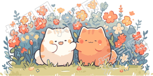 简约线描花田中两只可爱猫咪插画