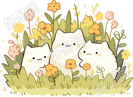 可爱的白色猫咪和小花插画元素
