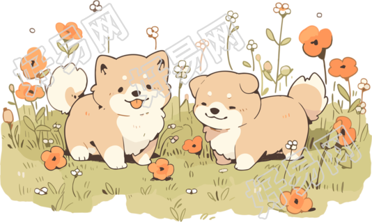 草地上的两只可爱小狗插画