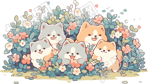 北欧风格花田小狗透明背景插画
