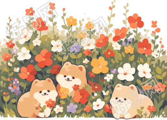 可商用插画花田狗狗卡通PNG素材