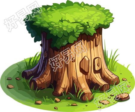 可商用树桩草地卡通插画