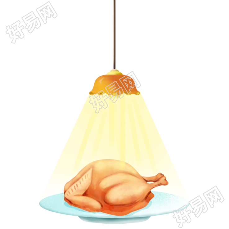手绘感恩节灯光下的美味烤火鸡插画