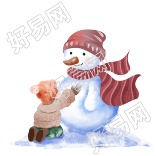 小雪时节堆雪人的小男孩PNG插画
