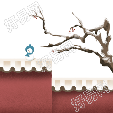 小雪时节下雪后的树枝可爱雪人插画