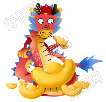 拥有超多元宝的中国龙手绘彩色插图