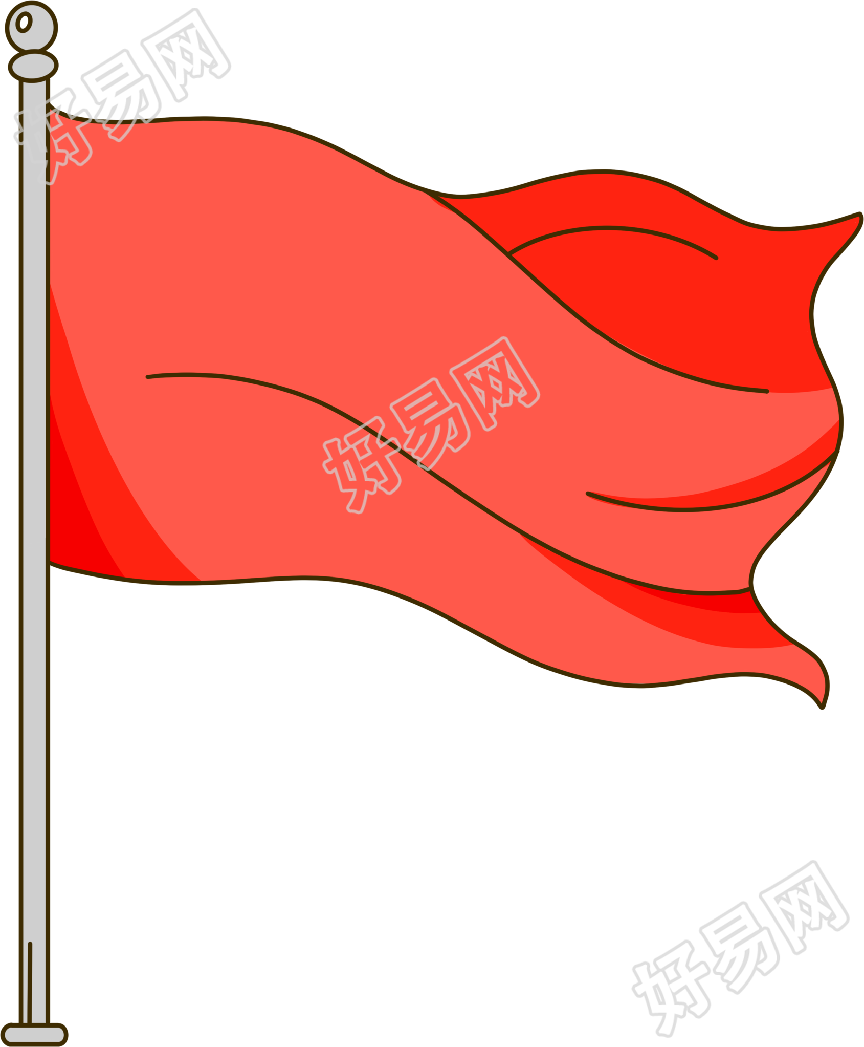 手绘旗杆上的红旗飘扬透明背景素材