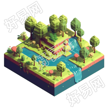 水池、瀑布和树木素材