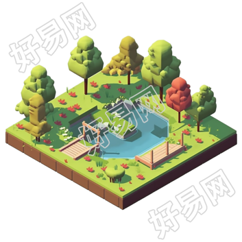 水池、瀑布和树木插图元素