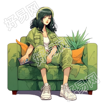 绿色沙发上的女生设计素材