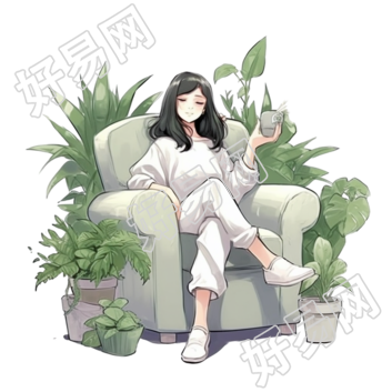 沙发旁的少女和绿植插画素材