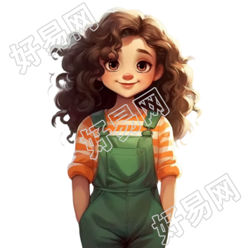 绿色工装裙中的卷发女郎插画