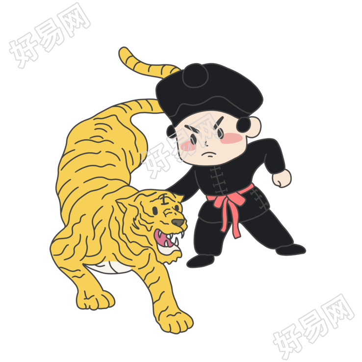 水浒传武松打虎手绘卡通插图