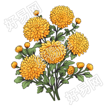 古风黄菊绿叶插画商业设计元素