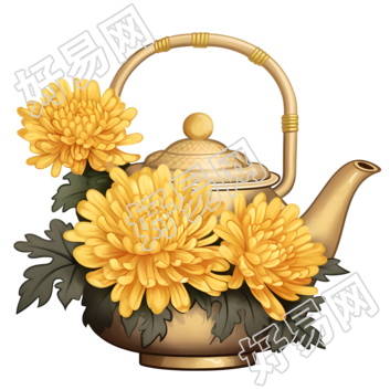 透明背景菊花和茶壶插画