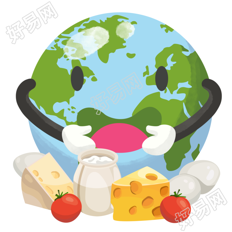 卡通地球前面摆满奶酪鸡蛋插画素材