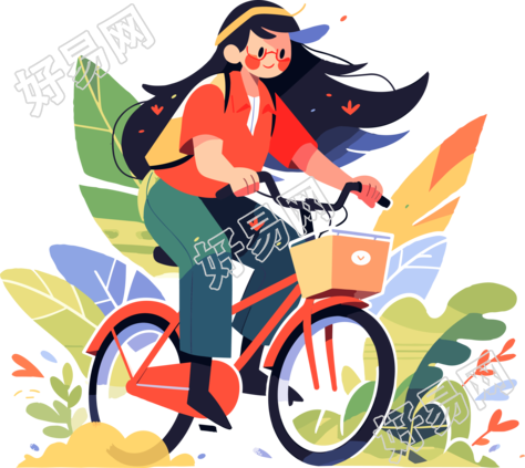 骑自行车的女孩创意设计的图形插画