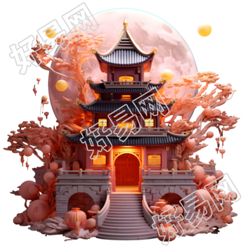 粉色满月古典建筑商用素材