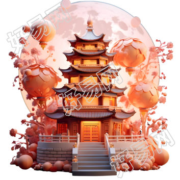 高清透明背景宝塔灯笼3D素材
