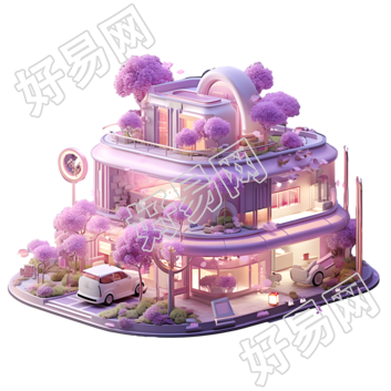 粉紫色购物建筑与车辆的插画