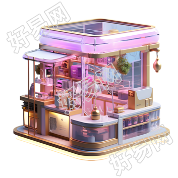 透明背景紫粉色购物建筑3D插图