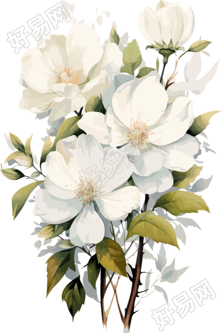 水彩绘制的白色花朵创意设计插图