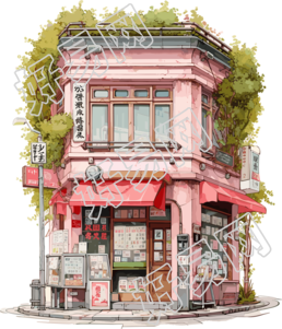 粉色街边小店浪漫漫画素材