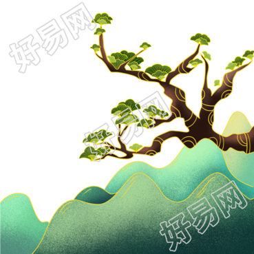 国潮风远山松树重阳节透明背景插画