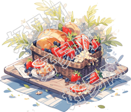 摆满面包和水果的野餐垫图形设计素材