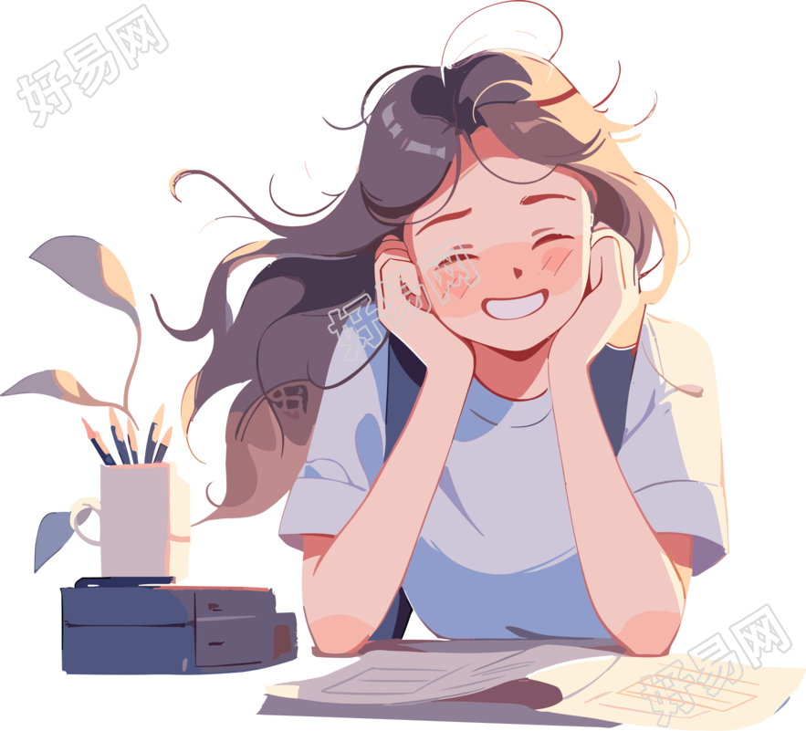 创意设计完成作业的开心女孩素材