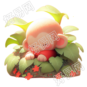 睡觉的小猴子石头植物元素