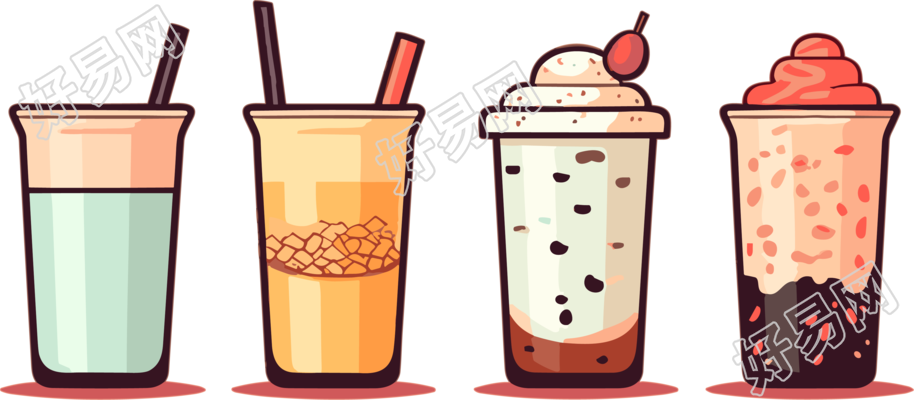 中式奶茶店多种饮品插画素材